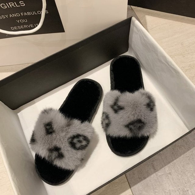 Cotton slippers 2021 autumn and winter new Korean version of the net red printing word flat bottom casual hairy slippers women