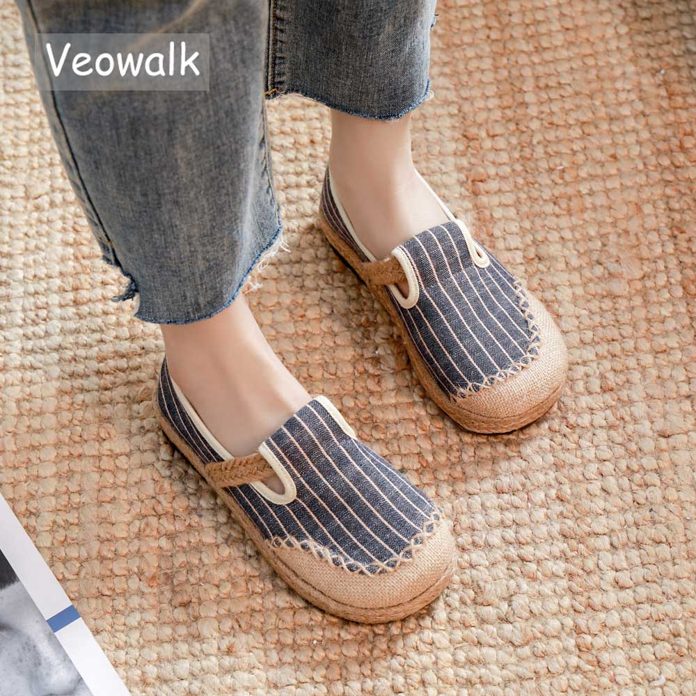 Veowalk Women Striped Linen Cotton Fabric Loafers Comfortable Slip On Sneakers Ladies Casual Flats Shoes Handmade Espadrilles