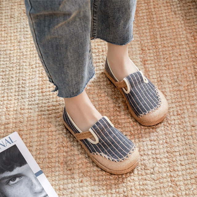 Veowalk Women Striped Linen Cotton Fabric Loafers Comfortable Slip On Sneakers Ladies Casual Flats Shoes Handmade Espadrilles