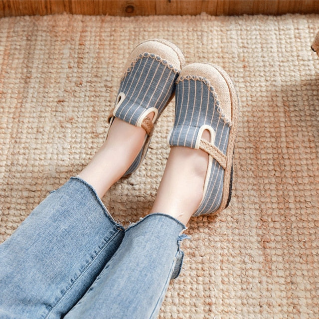 Veowalk Women Striped Linen Cotton Fabric Loafers Comfortable Slip On Sneakers Ladies Casual Flats Shoes Handmade Espadrilles