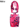 Kliou Tie Dry Two Piece Set Women 2021 Sexy Halter Sequined Beachwear Cleavage Crop Top+Mini Skirt Suit Female платье Outfits