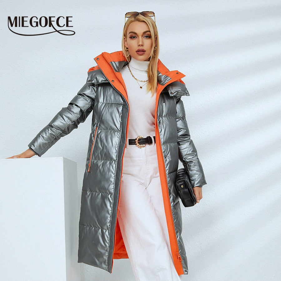 MIEGOFCE 2021 New Winter Collection Coat Women Fashion Jacket With Hood Knee Length Comfortable Pockets Tailoring Parka D21008