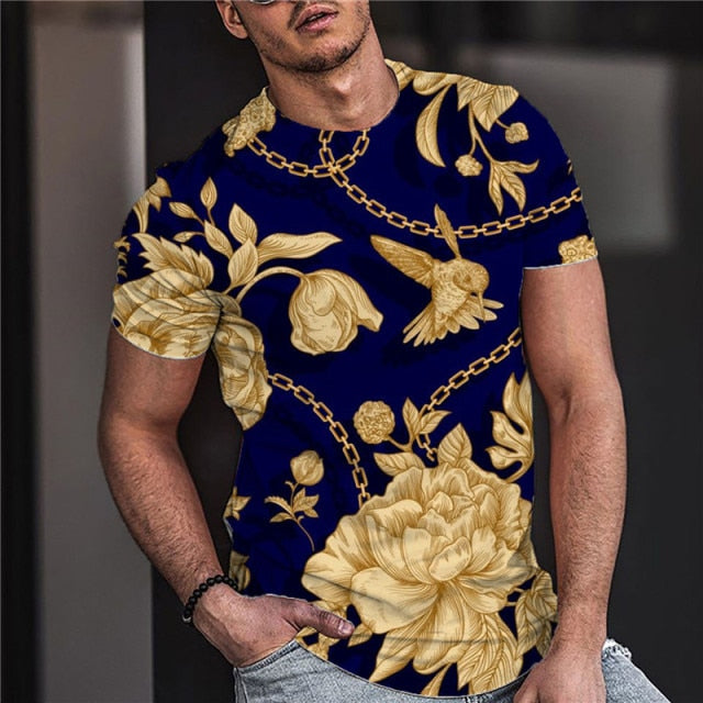2021 European and American new men's casual round neck short-sleeved digital printing Slim pullover men's T-shirt