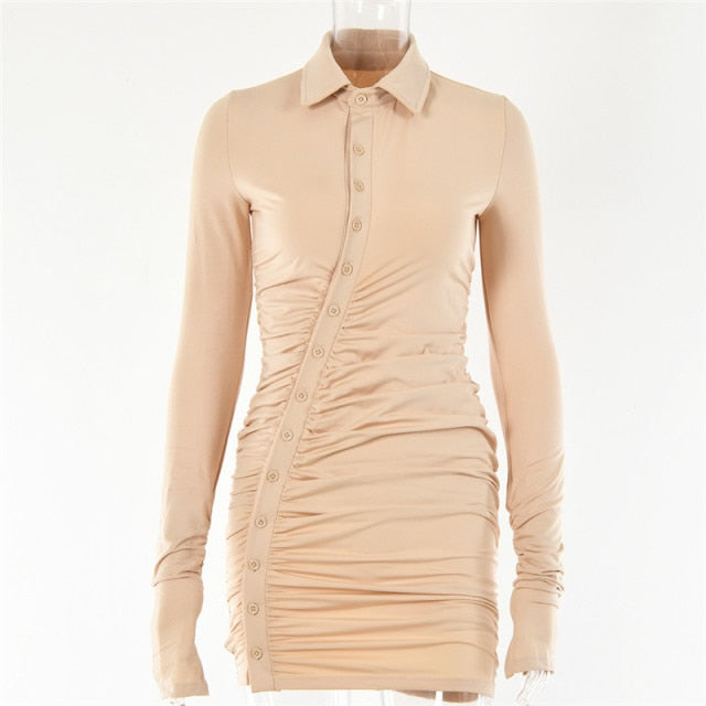Articat Casual Women's Dresses Buttons Elegant Autumn Sexy Bodycon Holiday Dress Y2K Female Office Clothing New 2021