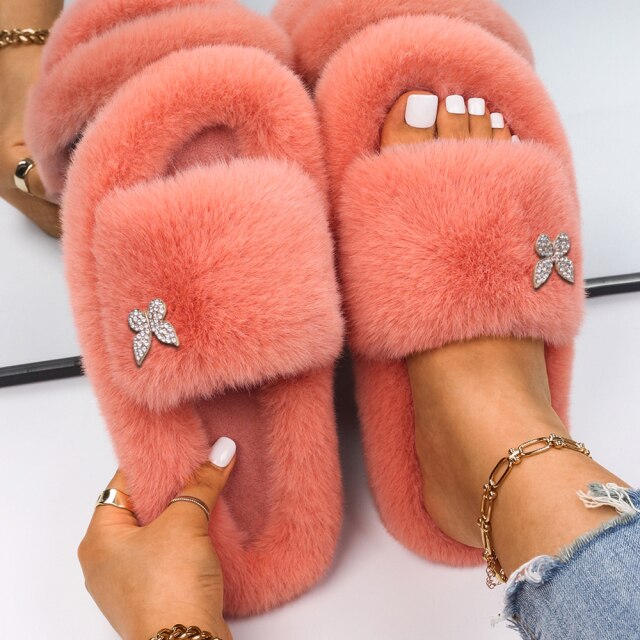 Women Faux Fur Slides Furry Fur Slippers Fluffy Flip Flops Slip on Flats Cute Ladies House Plush Slippers Home Cozy Warm Shoes