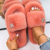 Women Faux Fur Slides Furry Fur Slippers Fluffy Flip Flops Slip on Flats Cute Ladies House Plush Slippers Home Cozy Warm Shoes