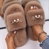 Women Faux Fur Slides Furry Fur Slippers Fluffy Flip Flops Slip on Flats Cute Ladies House Plush Slippers Home Cozy Warm Shoes