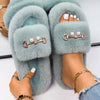 Women Faux Fur Slides Furry Fur Slippers Fluffy Flip Flops Slip on Flats Cute Ladies House Plush Slippers Home Cozy Warm Shoes