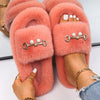 Women Faux Fur Slides Furry Fur Slippers Fluffy Flip Flops Slip on Flats Cute Ladies House Plush Slippers Home Cozy Warm Shoes