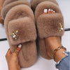Women Faux Fur Slides Furry Fur Slippers Fluffy Flip Flops Slip on Flats Cute Ladies House Plush Slippers Home Cozy Warm Shoes