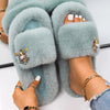 Women Faux Fur Slides Furry Fur Slippers Fluffy Flip Flops Slip on Flats Cute Ladies House Plush Slippers Home Cozy Warm Shoes