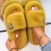Women Faux Fur Slides Furry Fur Slippers Fluffy Flip Flops Slip on Flats Cute Ladies House Plush Slippers Home Cozy Warm Shoes