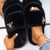 Women Faux Fur Slides Furry Fur Slippers Fluffy Flip Flops Slip on Flats Cute Ladies House Plush Slippers Home Cozy Warm Shoes
