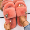 Women Faux Fur Slides Furry Fur Slippers Fluffy Flip Flops Slip on Flats Cute Ladies House Plush Slippers Home Cozy Warm Shoes