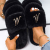 Women Faux Fur Slides Furry Fur Slippers Fluffy Flip Flops Slip on Flats Cute Ladies House Plush Slippers Home Cozy Warm Shoes