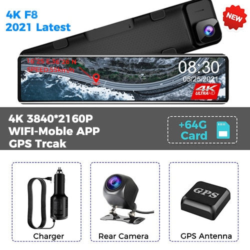 Car DVR Rear View Mirror Recorder 4K Video 12 Inch Dash Cam WIFI GPS Track Sony IMX415 Ultra HD 3840*2160P Camera for Phone App