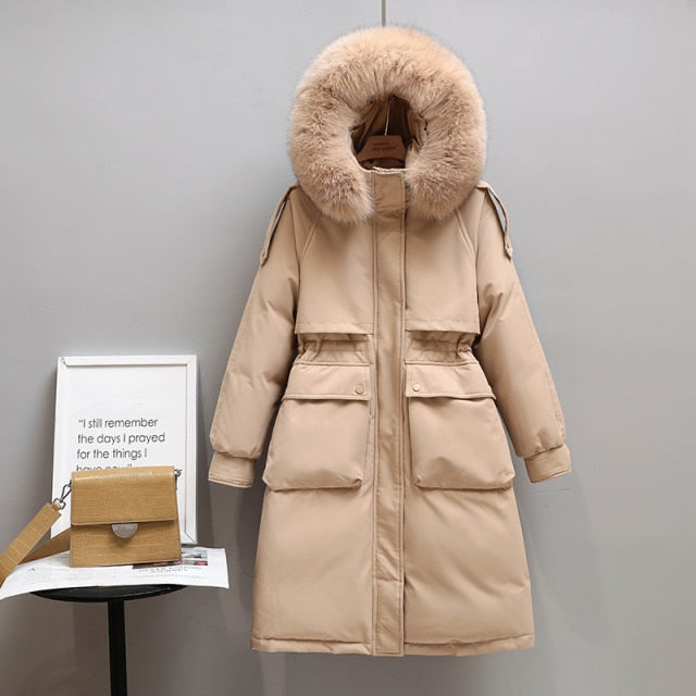 Fitaylor Winter Women Long Jacket Large Natural Fur Collar Hooded Parkas 90% White Duck Down Coat Thickness Snow Warm Outwear