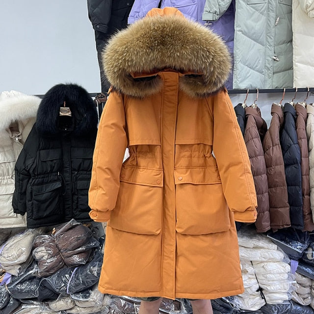 Fitaylor Winter Women Long Jacket Large Natural Fur Collar Hooded Parkas 90% White Duck Down Coat Thickness Snow Warm Outwear