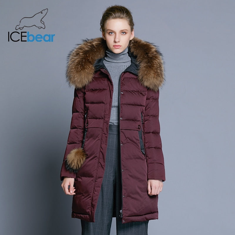 ICEbear 2021 winter women's coat long slim female jacket animal fur collar brand clothing thick warm windproof parka GWD18253
