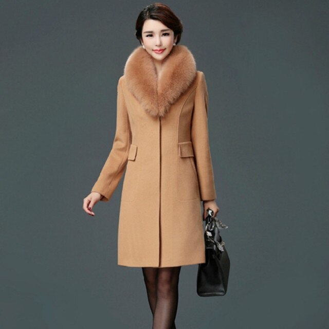 Women Wool Blends Coat Winter Autumn 2021 FashionSlim Mother Fur Collar Woolen Jacket Long Outerwear Tops Female Size M-3XL