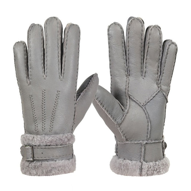 Leather Fur Sheepskin Gloves Fashion Men Winter Autumn Warm Thermal Wool Fleece Snow Mittens Outdoor Five Finger Wrist Gloves