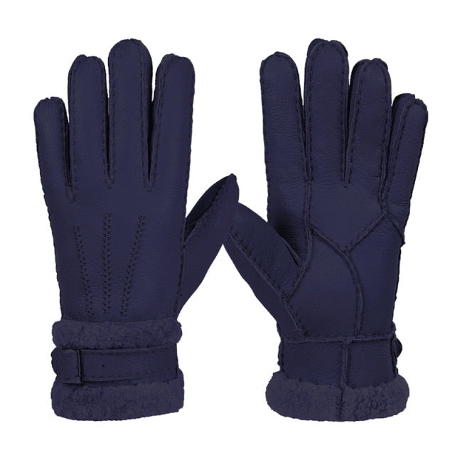 Leather Fur Sheepskin Gloves Fashion Men Winter Autumn Warm Thermal Wool Fleece Snow Mittens Outdoor Five Finger Wrist Gloves