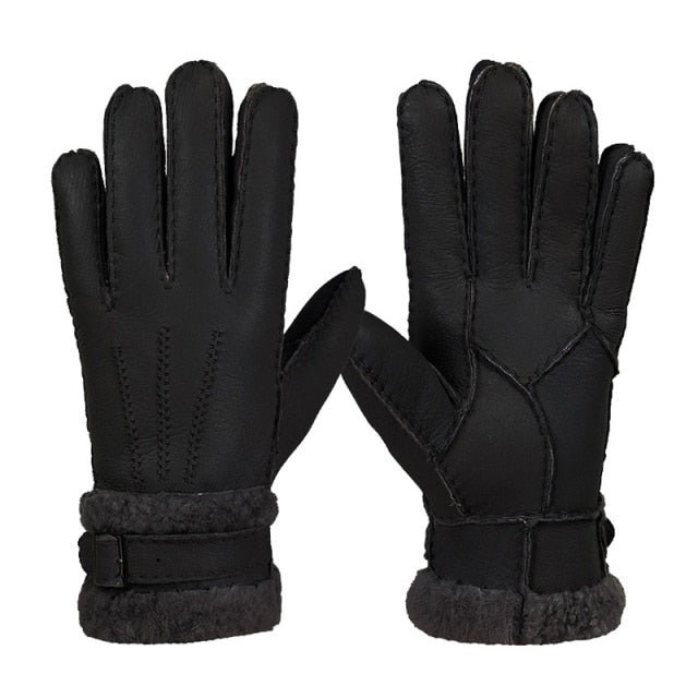 Leather Fur Sheepskin Gloves Fashion Men Winter Autumn Warm Thermal Wool Fleece Snow Mittens Outdoor Five Finger Wrist Gloves