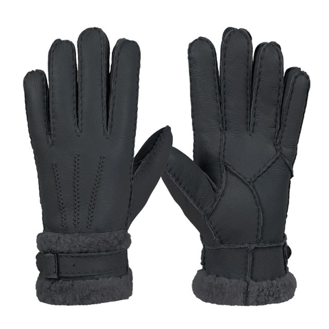 Leather Fur Sheepskin Gloves Fashion Men Winter Autumn Warm Thermal Wool Fleece Snow Mittens Outdoor Five Finger Wrist Gloves