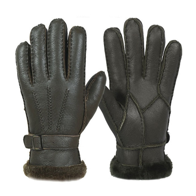 Leather Fur Sheepskin Gloves Fashion Men Winter Autumn Warm Thermal Wool Fleece Snow Mittens Outdoor Five Finger Wrist Gloves