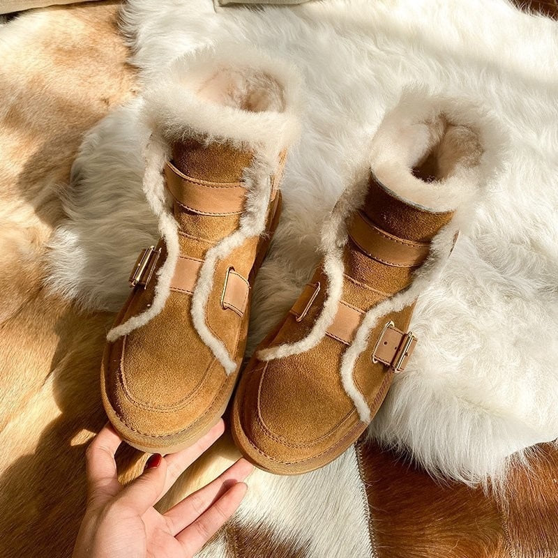 Women Snow Boots Winter New Buckle Padded Short Boots Non-slip Warmth Motorcycle Boots Women's Shoes Platform Boots