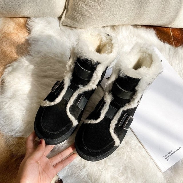 Women Snow Boots Winter New Buckle Padded Short Boots Non-slip Warmth Motorcycle Boots Women's Shoes Platform Boots