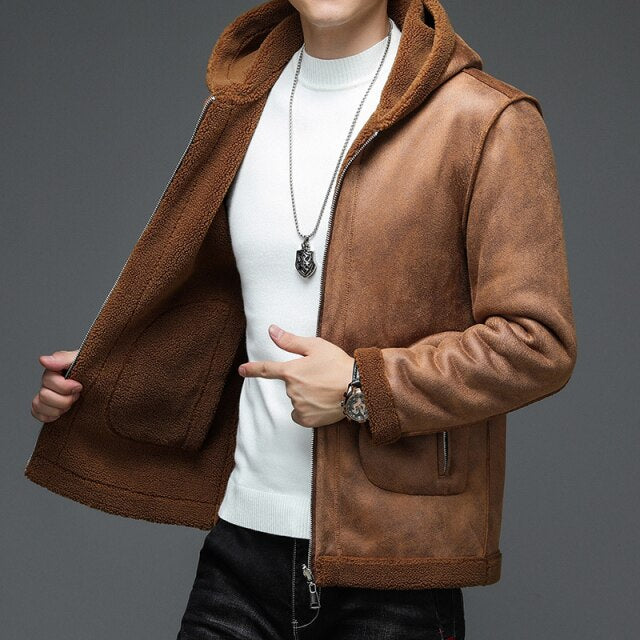 Suede men's winter jackets that can be worn on both sides / fleece warmth faux leather jacket / hooded casual men's PU coat