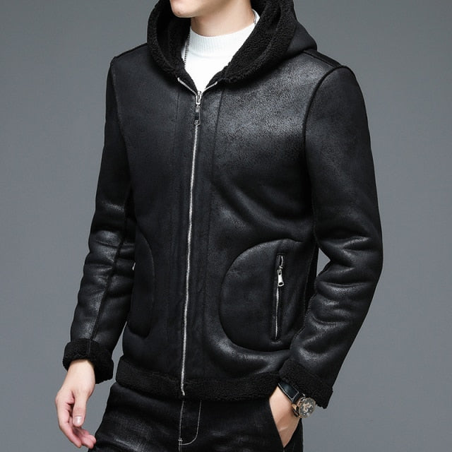Suede men's winter jackets that can be worn on both sides / fleece warmth faux leather jacket / hooded casual men's PU coat