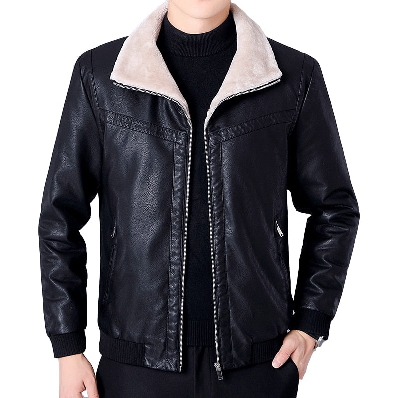 Winter men's fur coat / business warm black thick windproof leather coat / man simple lapel faux leather cashmere leather jacket