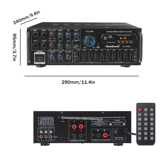 NEW 2000W Bluetooth Stereo Amplifier Surround Sound USB SD AMP FM DVD AUX LCD Display Home Cinema Karaoke Remote Control 336BU