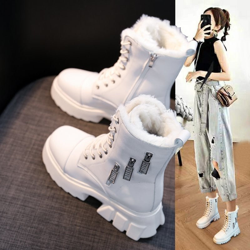 White and black snow boots women's sponge cake bottom side zipper high heels plus velvet fashion warm women's winter shoes 6.5CM
