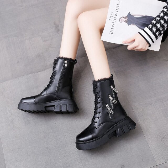 White and black snow boots women's sponge cake bottom side zipper high heels plus velvet fashion warm women's winter shoes 6.5CM