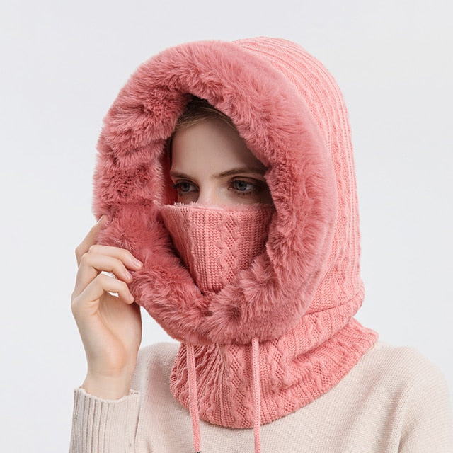 Winter Fur Cap Mask Set Hooded for Women Knitted Cashmere Neck Warm Russia Outdoor Ski Windproof Hat Thick Plush Fluffy Beanies