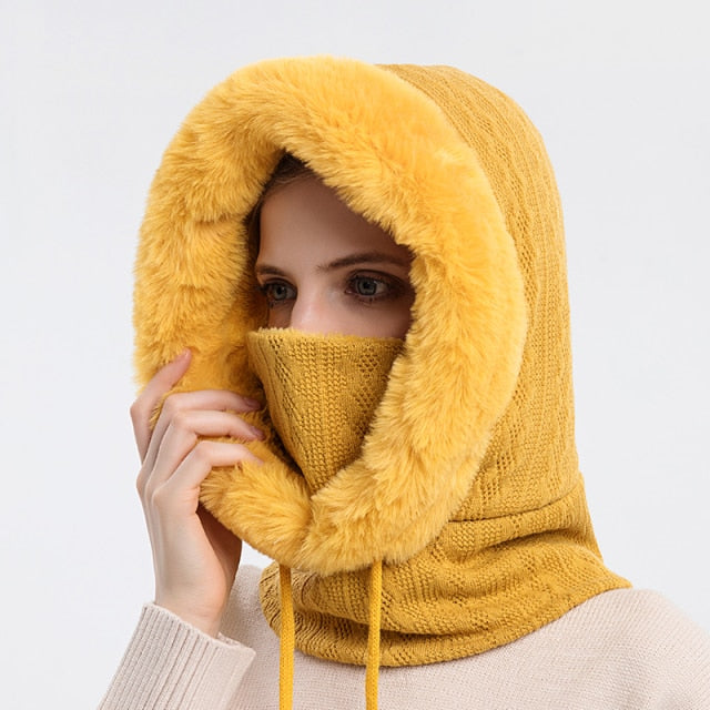 Winter Fur Cap Mask Set Hooded for Women Knitted Cashmere Neck Warm Russia Outdoor Ski Windproof Hat Thick Plush Fluffy Beanies