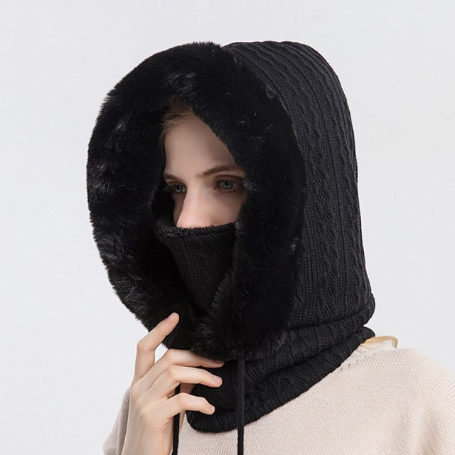 Winter Fur Cap Mask Set Hooded for Women Knitted Cashmere Neck Warm Russia Outdoor Ski Windproof Hat Thick Plush Fluffy Beanies