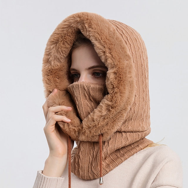 Winter Fur Cap Mask Set Hooded for Women Knitted Cashmere Neck Warm Russia Outdoor Ski Windproof Hat Thick Plush Fluffy Beanies