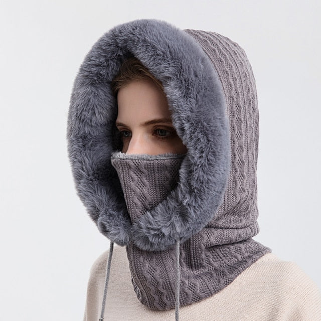 Winter Fur Cap Mask Set Hooded for Women Knitted Cashmere Neck Warm Russia Outdoor Ski Windproof Hat Thick Plush Fluffy Beanies