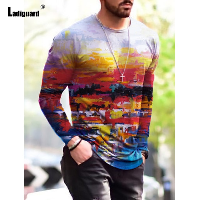 Sexy Mens clothing Basic Top Plus Size 3xl Men Fashion 3D Print T-shirt 2021 Summer Casual Pullovers Male Long Sleeve Tees Shirt