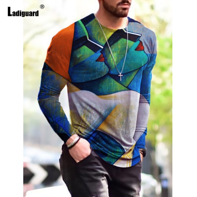 Sexy Mens clothing Basic Top Plus Size 3xl Men Fashion 3D Print T-shirt 2021 Summer Casual Pullovers Male Long Sleeve Tees Shirt