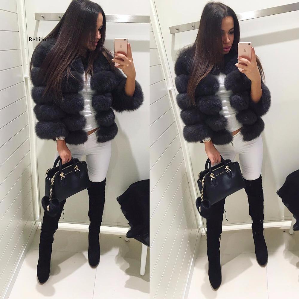 Elegant Solid Faux Fox Fur Coat Women Winter Fashion Medium Long Artifical Fox Fur Coat Warm Fake Fox Fur Coats Female