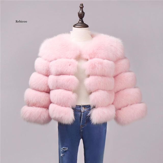 Elegant Solid Faux Fox Fur Coat Women Winter Fashion Medium Long Artifical Fox Fur Coat Warm Fake Fox Fur Coats Female