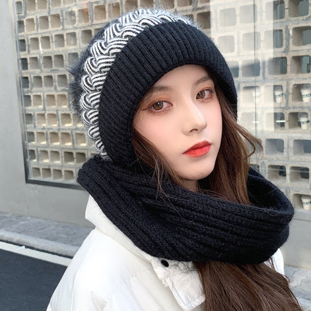 2021 New fashion Women's Winter Warm Rabbit fur HatsTogether With Scarf Female Ear Protector Knit Skullies Beanies Hat
