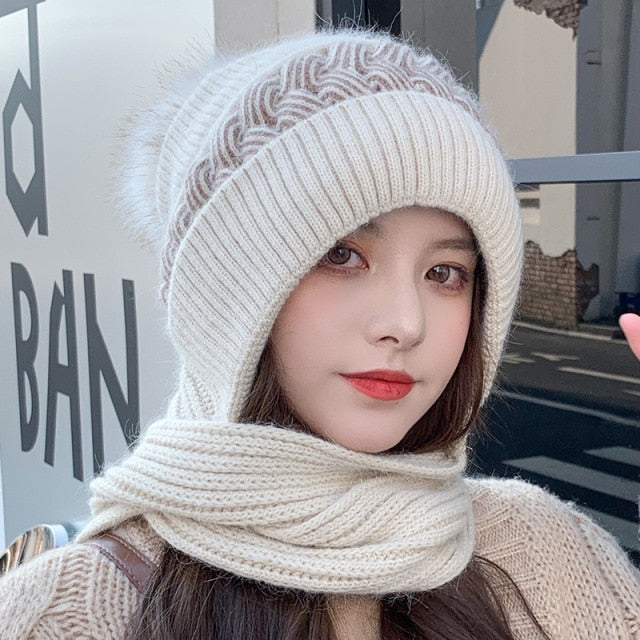 2021 New fashion Women's Winter Warm Rabbit fur HatsTogether With Scarf Female Ear Protector Knit Skullies Beanies Hat