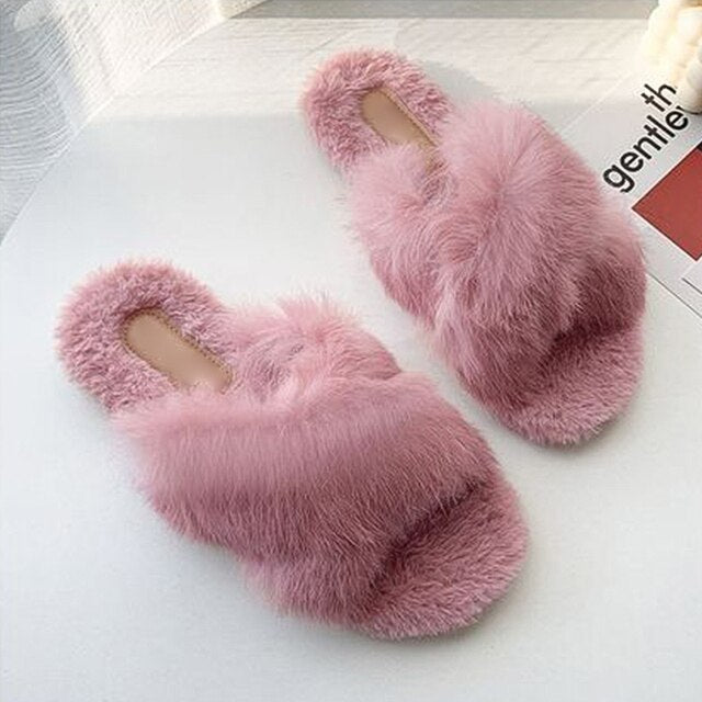 Plush Slippers Fur Slides Fashion Cross Band Flat Sandals Winter House Women Fur Slippers Ladies Indoor Fluffy Shoes 2021