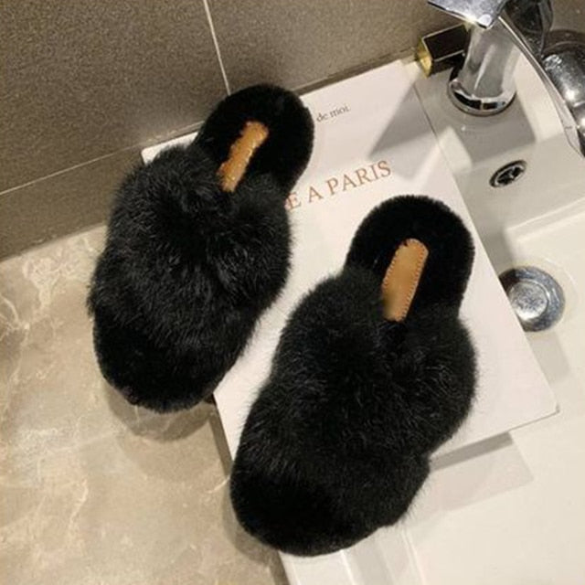 Plush Slippers Fur Slides Fashion Cross Band Flat Sandals Winter House Women Fur Slippers Ladies Indoor Fluffy Shoes 2021